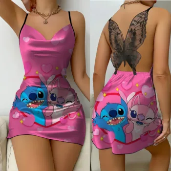 Womens Dresses Backless Dress Disney Stitch Satin Surface Bow Knot Pajama Skirt Fashion Summer 2024 Party Mini Sexy Lace Disney