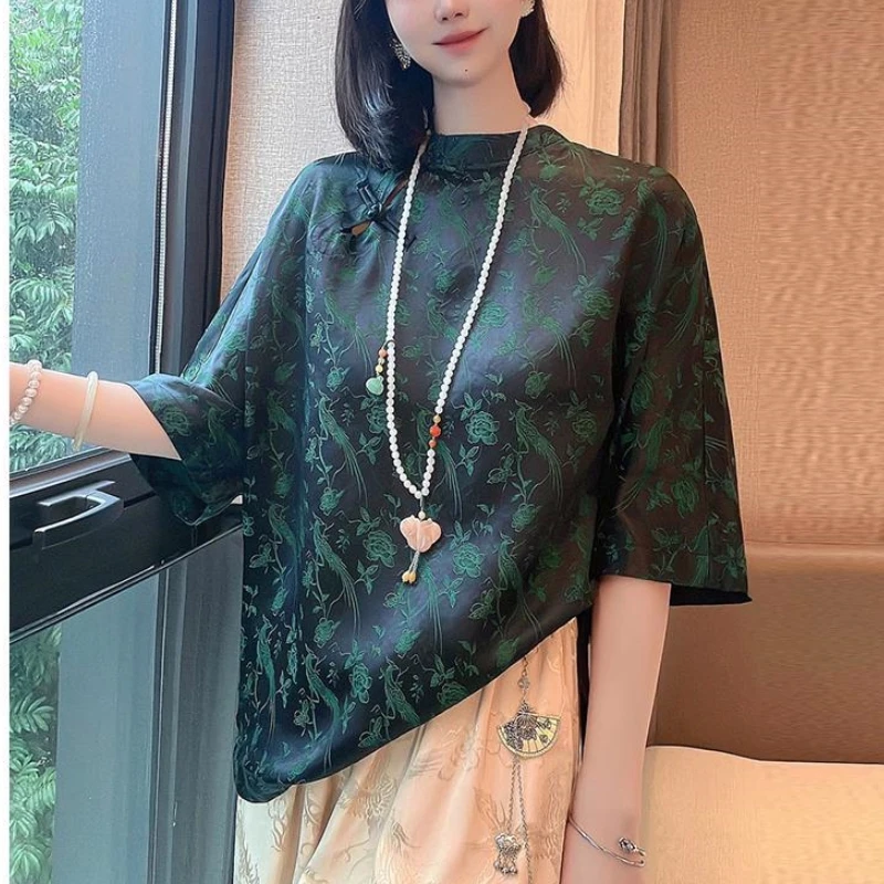 2024 New Summer Chinese Style Fashion Minimalist Mid Length Loose Bat Sleeve Standing Neck Printed Button Women\'s Shirt Top