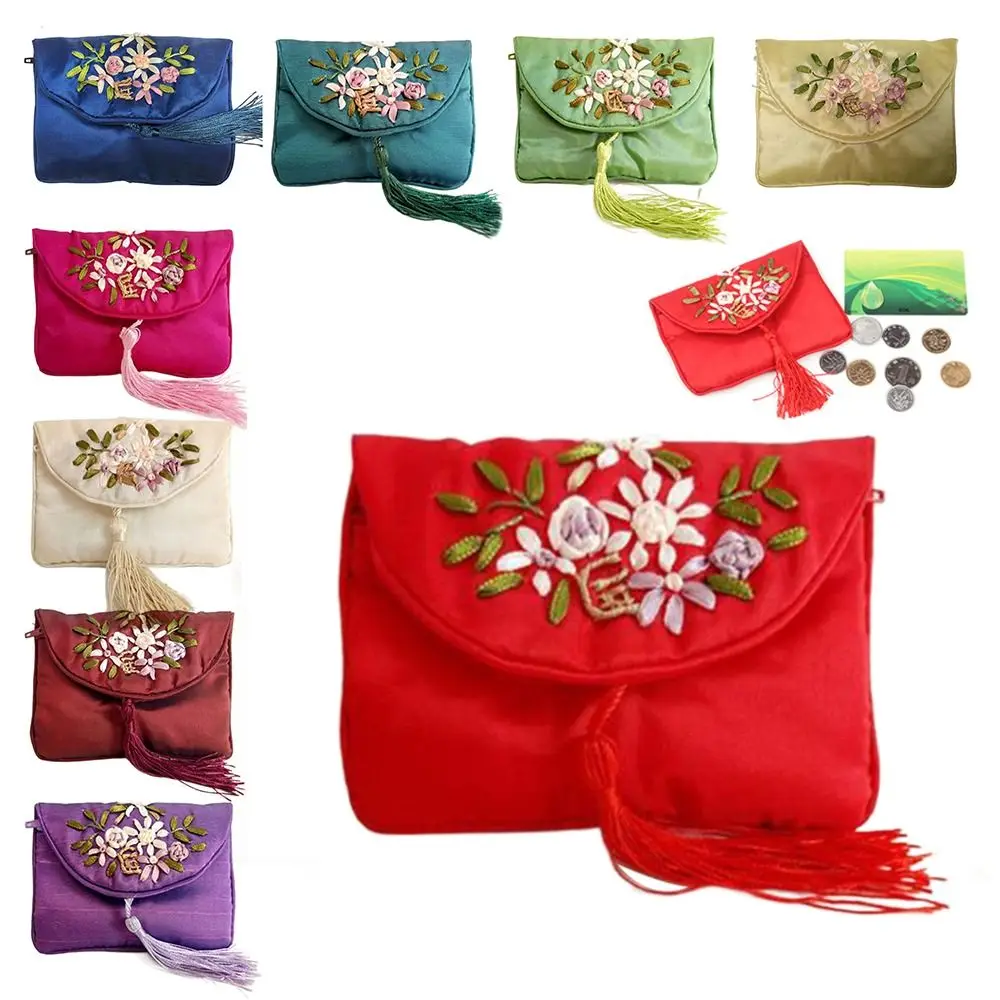 Embroidered Flower Women Tassels Handbags Retro Handmade Zipper National Small Bag Card storage Ethnic Style Coin Purse