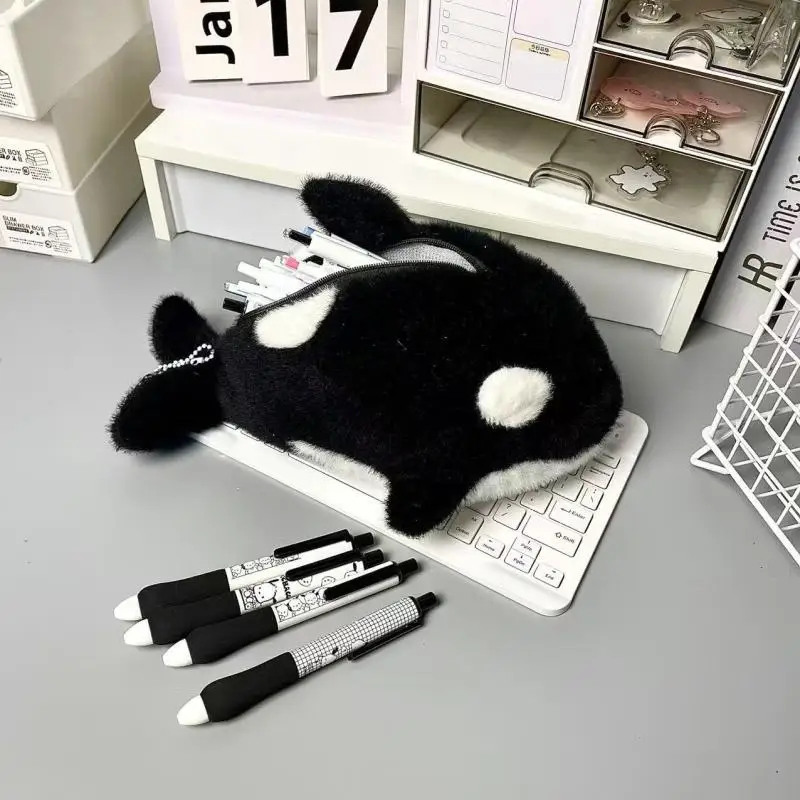 Plush Killer Whale Pencil Bag Ins Wind Large Capacity  Decompression Doll Cartoon Stationery Box Cute Stationery Bag Student