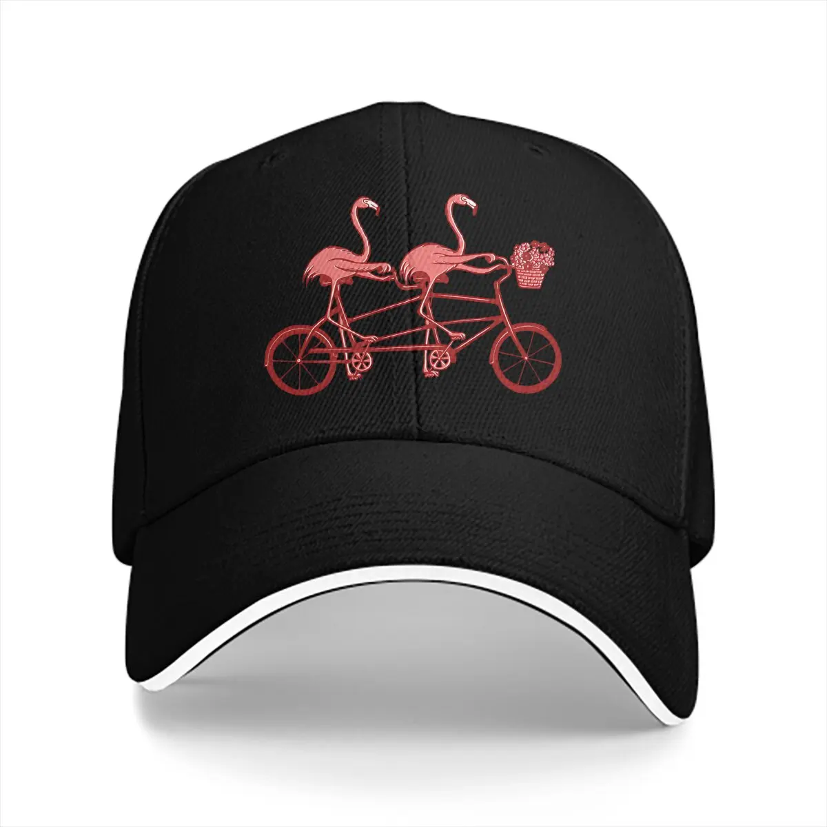 Washed Men's Baseball Cap Pink Flamingos On Tandem Bike Trucker Snapback Caps Dad Hat Flamingo Animals