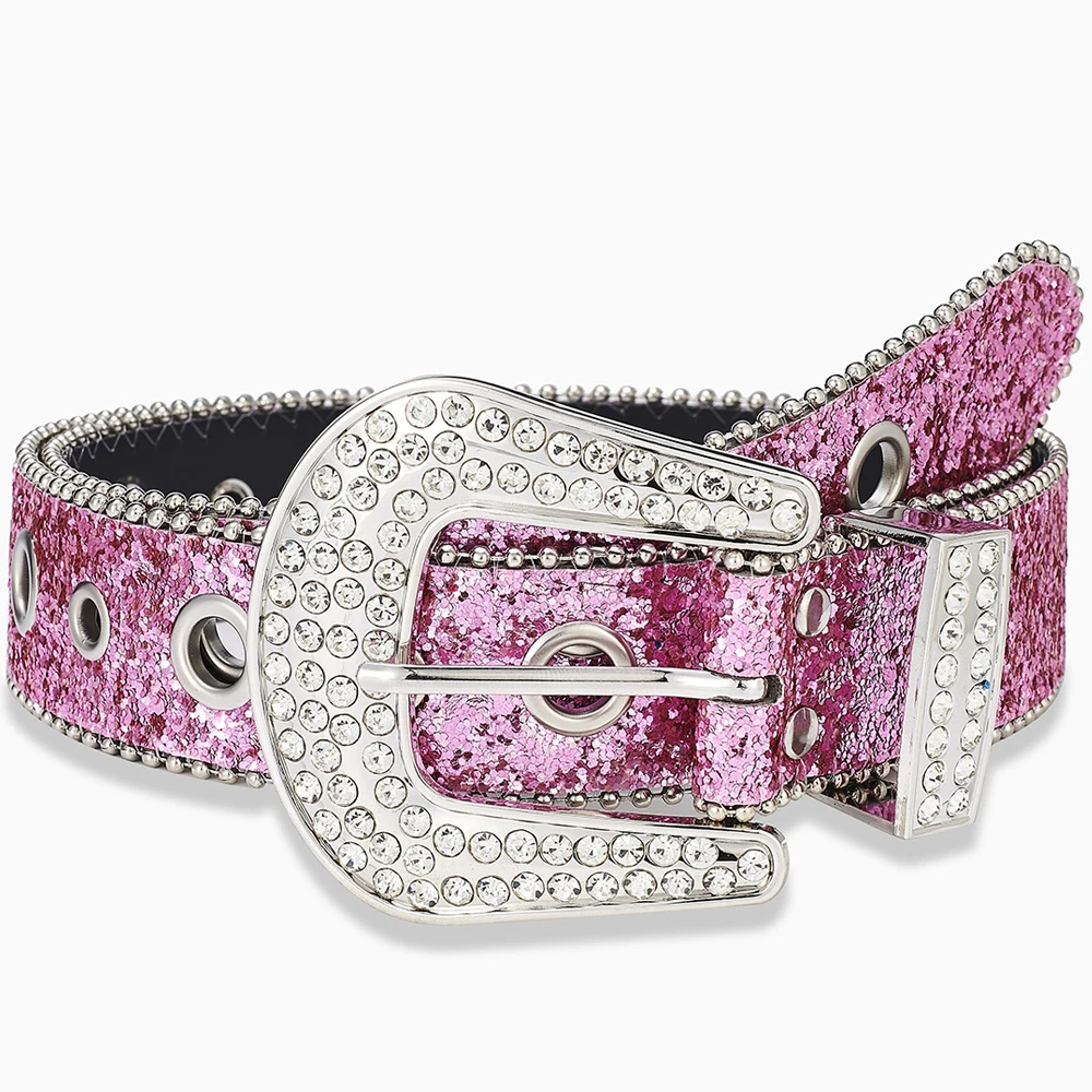 Y2K Punk Rock Belts for Women Girls Female Rhinestone Jeans Belt Sequins Fashion Accessories Silver Pink Waistband Western 3.8cm