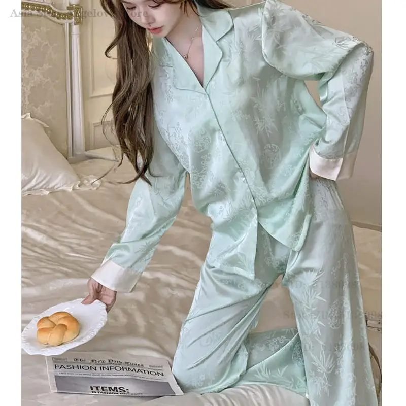 Chinese Style Jacquard Sleepwear Loose Casual Home Wear Satin Ice Silk Pyjamas Long Sleeved Top&Trouser Pajamas Set Loungewear