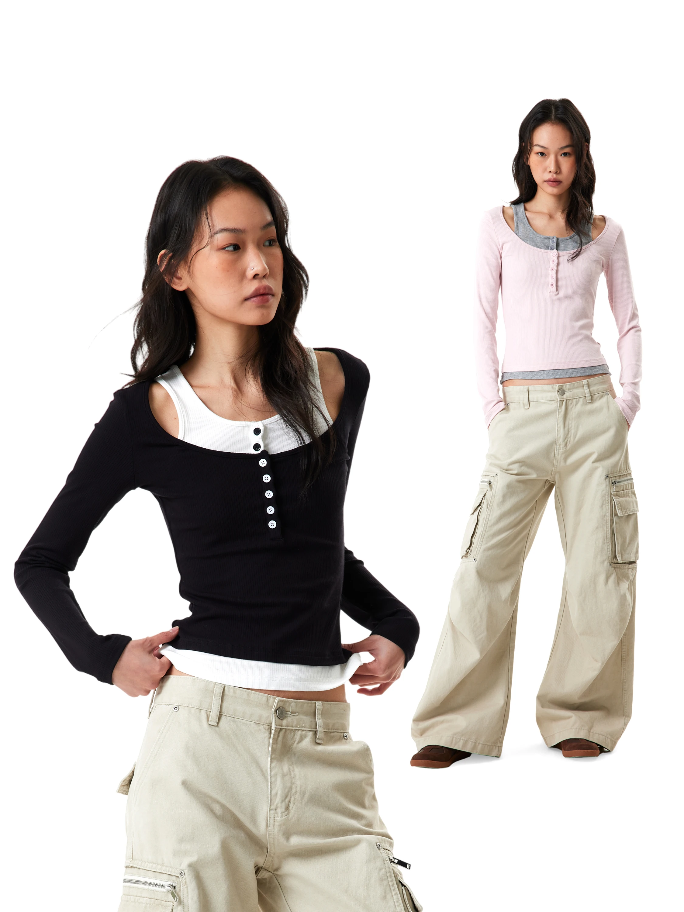 

Женская трикотажная футболка Slim Fit с длинным рукавом, в стиле Color Block, черная, в американском стиле, весна 2026, GOGO BURN, повседневный топ