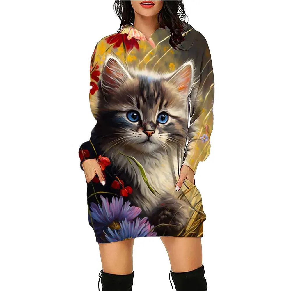 New 3D Printed Cat Hoodie Dress Autumn/Winter Retro Daily Exercise Hoodie Long Sleeve Pullover Autumn/Winter Loose Dress