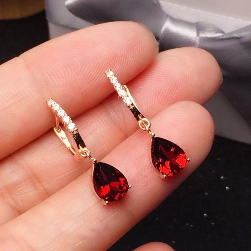 Silver Inlaid Wine Red Ruby earrings for women Exquisite and Simple Water Drop Eardrops earings Fashion Party Jewelry