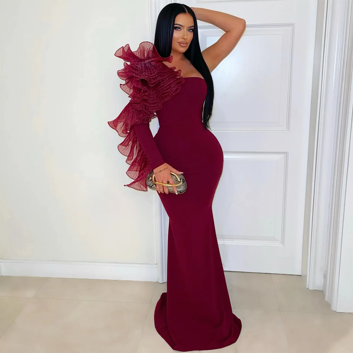 2026 New Black Ruffle Sexy One Shoulder Sleeve Dress Evening Dress Elegant Mermaid Long Order Wedding Ball Party Dress