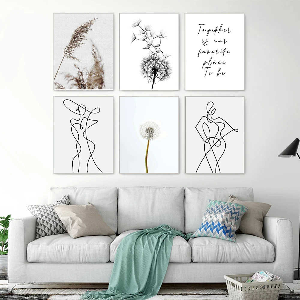 

One Line Drawing Poster Minimalist Canvas Painting Abstract Art Print Dandelion Reed Grass Wall Picture Living Room Home Decor