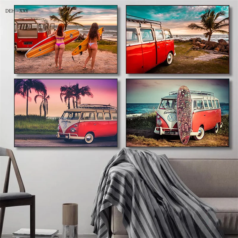 

Colorful Summer Sea View Posters Seascape Beauty Surfboard Car Canvas Painting Landscape Wall Art Pictures for Living Room Decor