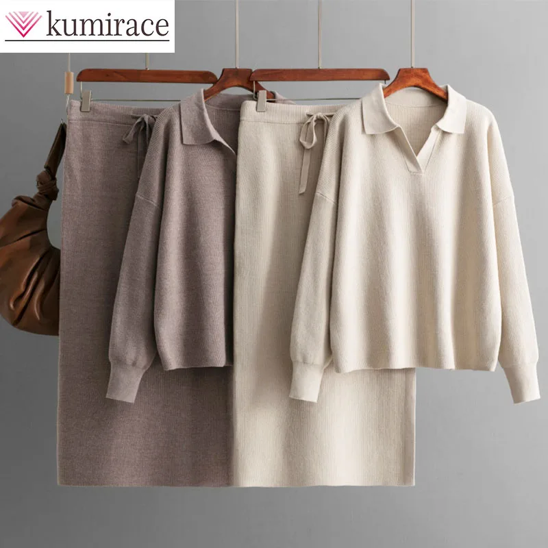 

Новый свитер для внешней торговли 2025 года, большой комплект из двух предметов, вязаный воротник-поло, осень/зима, свободный женский модный комплект для ленивых, комплект с юбкой