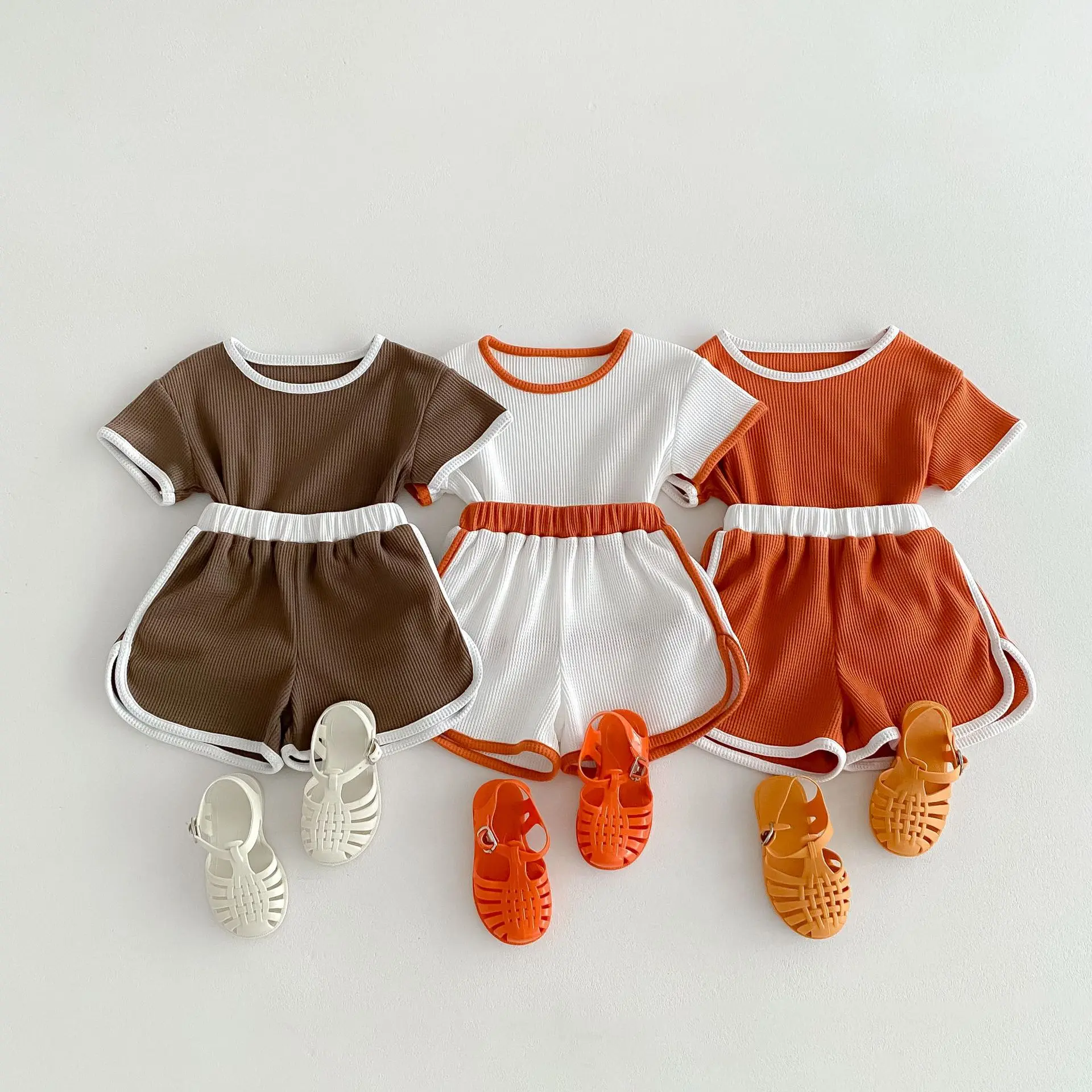 

Children Short Sleeve Clothes Set Summer New Boys Girls Comfortable Casual Shorts Suit Kids Simple Patchwork Waffle Outfits