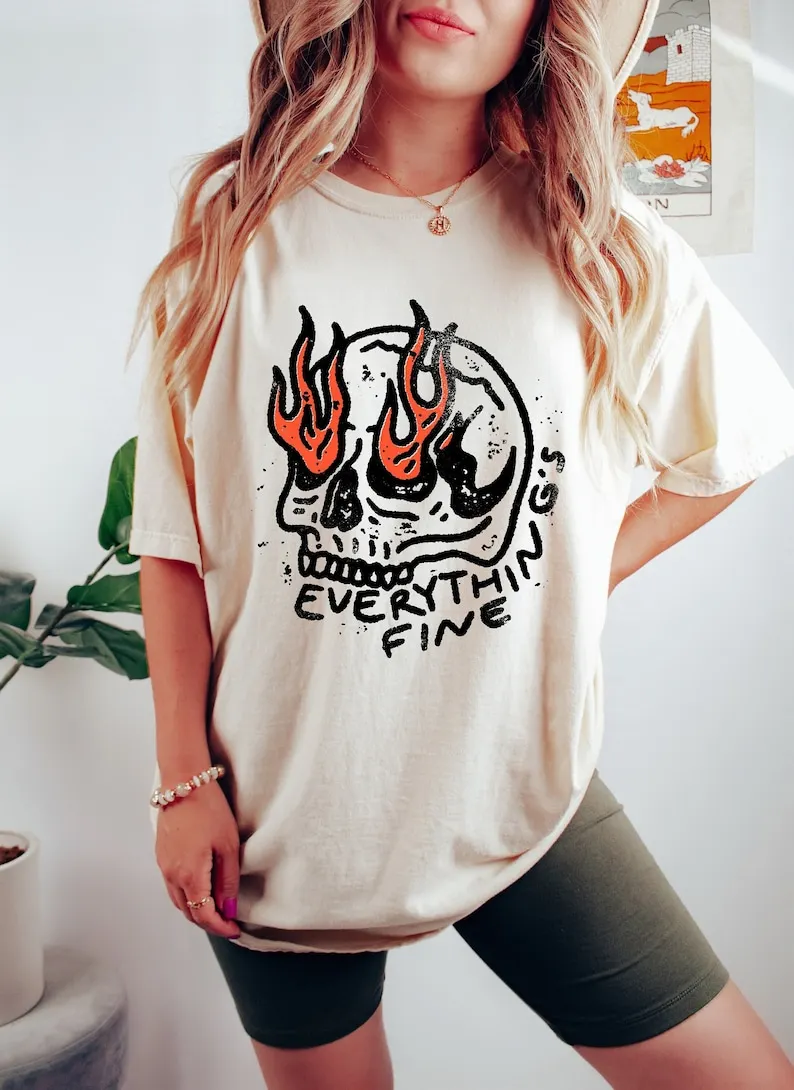 

Everything is Fine Skeleton Oversized Vintage T-shirt, Comfort Colors Shirt, Funny Skeleton Shirt, It's fine I'm fine Everything