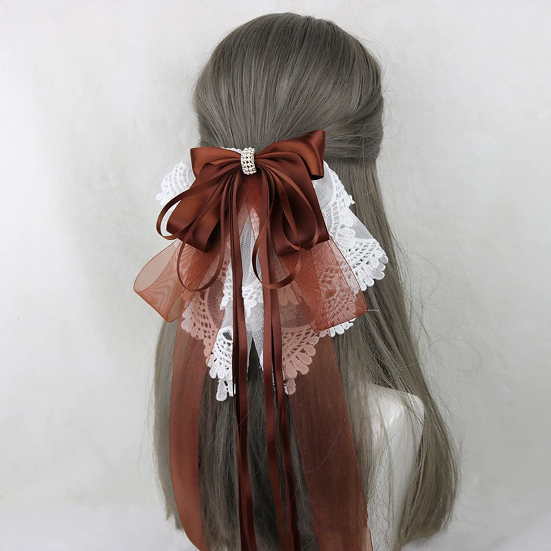 Lolita fita arco bandana com grampos de cabelo argola de cetim renda babados borlas faixas de cabelo doce meninas acessórios para o cabelo cosplay