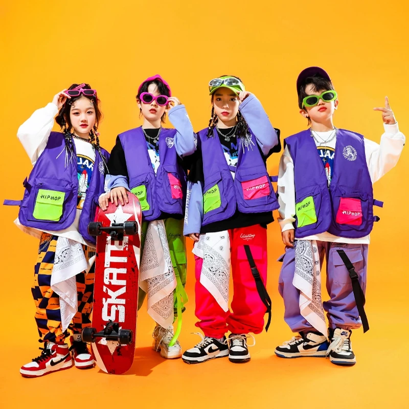 Hip Hop Teen Kids Colorful Cargo Pants Purple Vest Top Boys Girls Streetwear Clothes Suit Children Jazz Street Dance Stage Sets