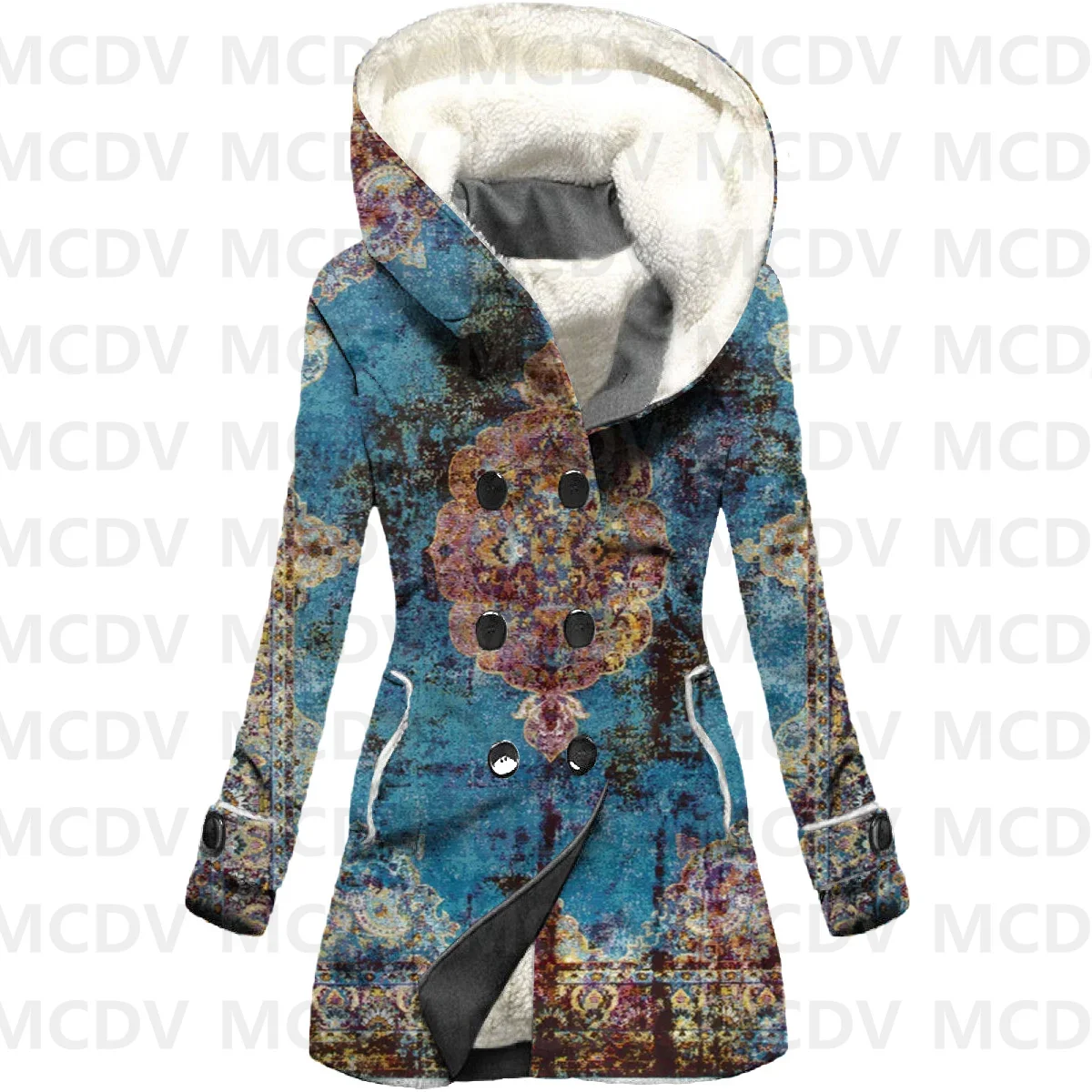 Retro Totem 3D Printed Fleece Hooded Cloak Women Thick Warm Coat Women's Winter Warm Overcoat Casual Clothes 06