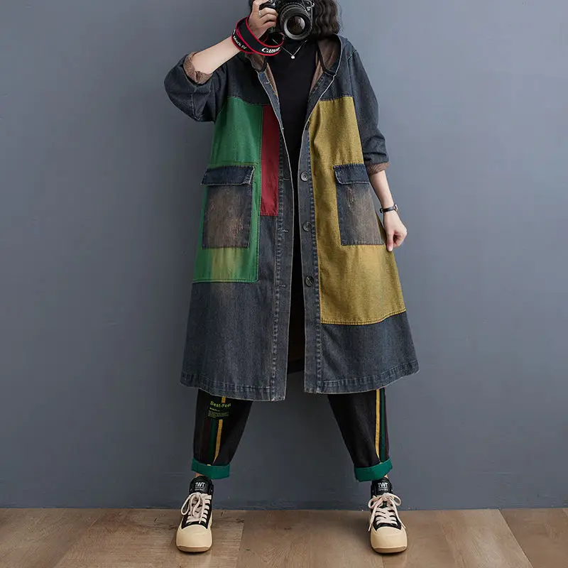 

Autumn Vintage Denim Long hooded Trench Coat Women single-breasted Patchwork Windbreak Ladies Loose Cowboy overcoat JJ555