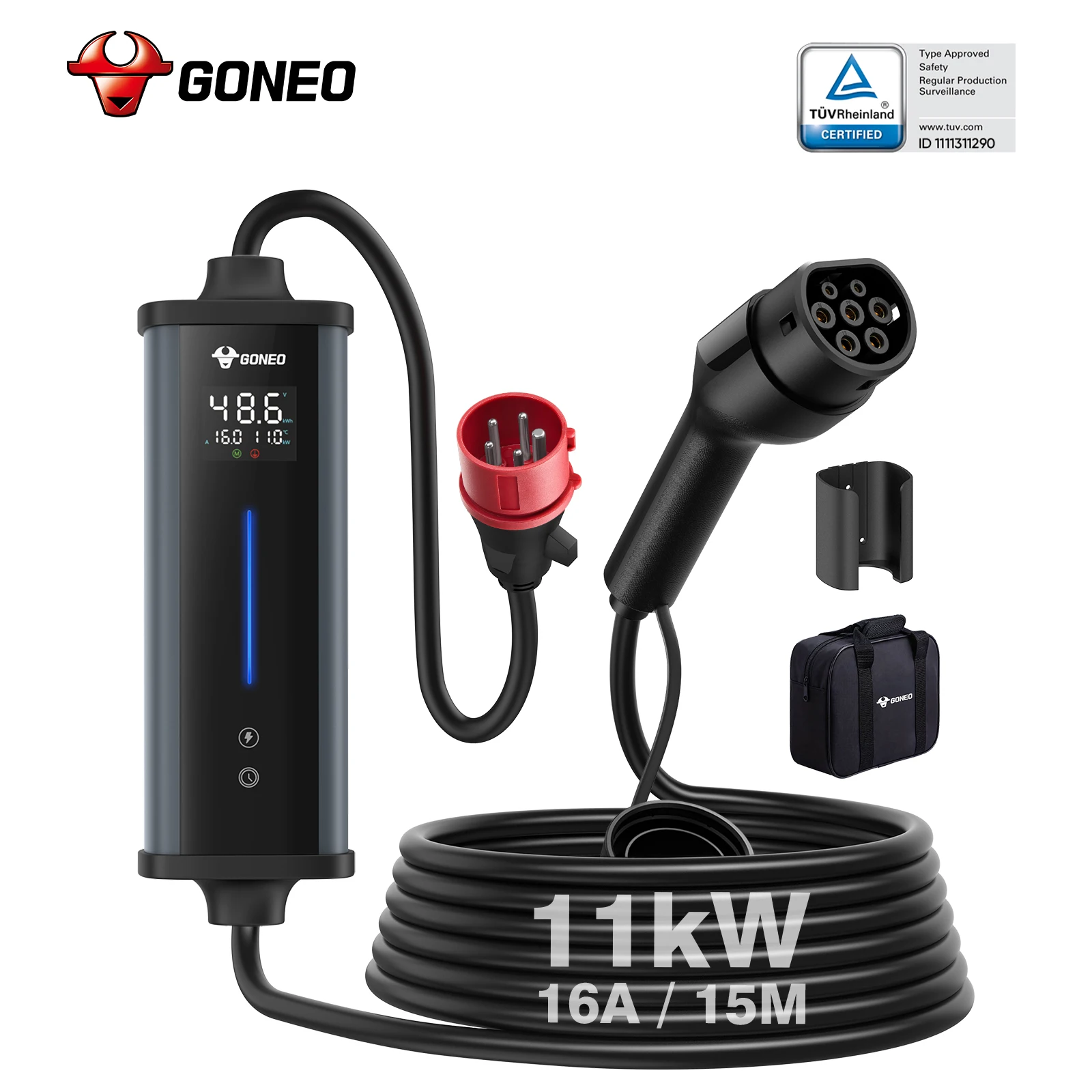 GONEO CEE Tragbare Mobile Wallbox Industrie-Stecker 11kW Typ 2, FI-Schutz, 16A 3-Phasen-EV-Ladegerät, Einstellbarer Strom, Intelligente Verzögerungs-Ladefunktion, IP66