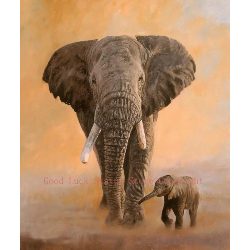 100% hand painted oil painting on canvas-- animal Elephants Mother and Son oil painting good art -free shipping cost