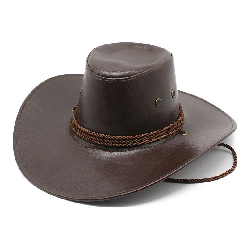 Western Cowboy Hat European And American Imitation Leather Big Brim Sun Cap Outdoor Mountaineering Fishing Knight Cap Travel Hat