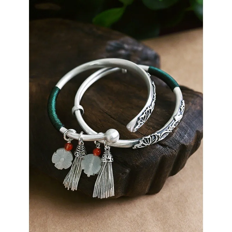 Bracelet With Tassels, Women'S Ethnic , Fashionable Open Design, Solid Ancient-Style Garlic-Shaped Silver Jewel