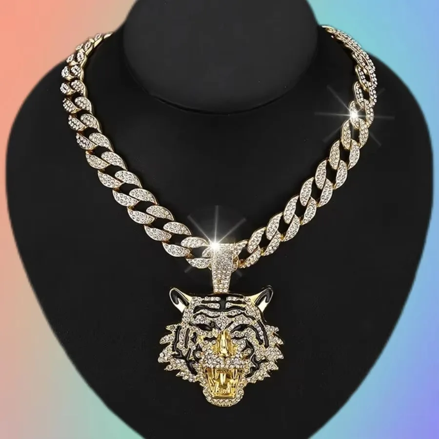 

2024 Men's Tiger Pendant Necklace 18K Gold Plated Cuban Link Chain with Real Diamond Bling Hip Hop Jewelry