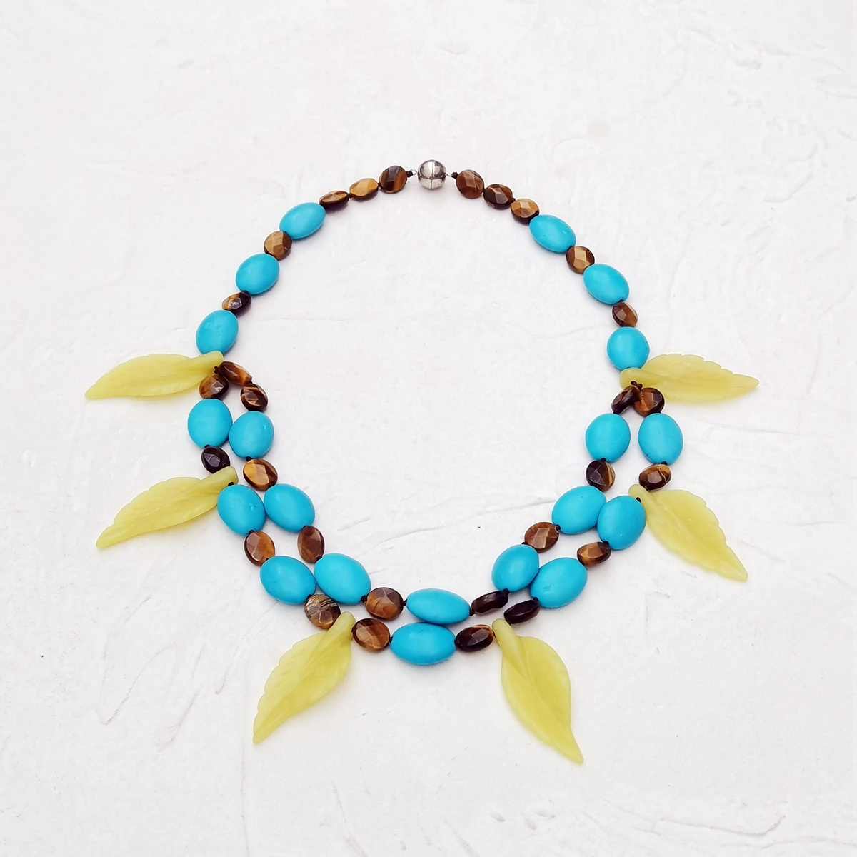 Lii Ji Real Stone Mutil Color Statement Necklace 47cm Turquoise Tigers eye Lemon Jades Leaf Women Choker Necklace