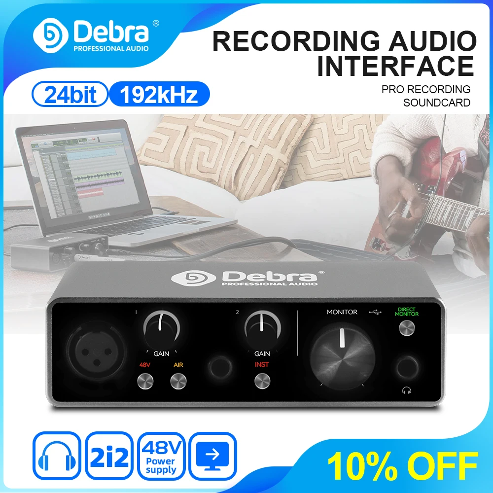 Interfaccia audio USB Debra 2e2s, scheda audio 24 bit/192 kHz con alimentazione phantom 48 V, doppia uscite TRS Connettività di tipo C per studio