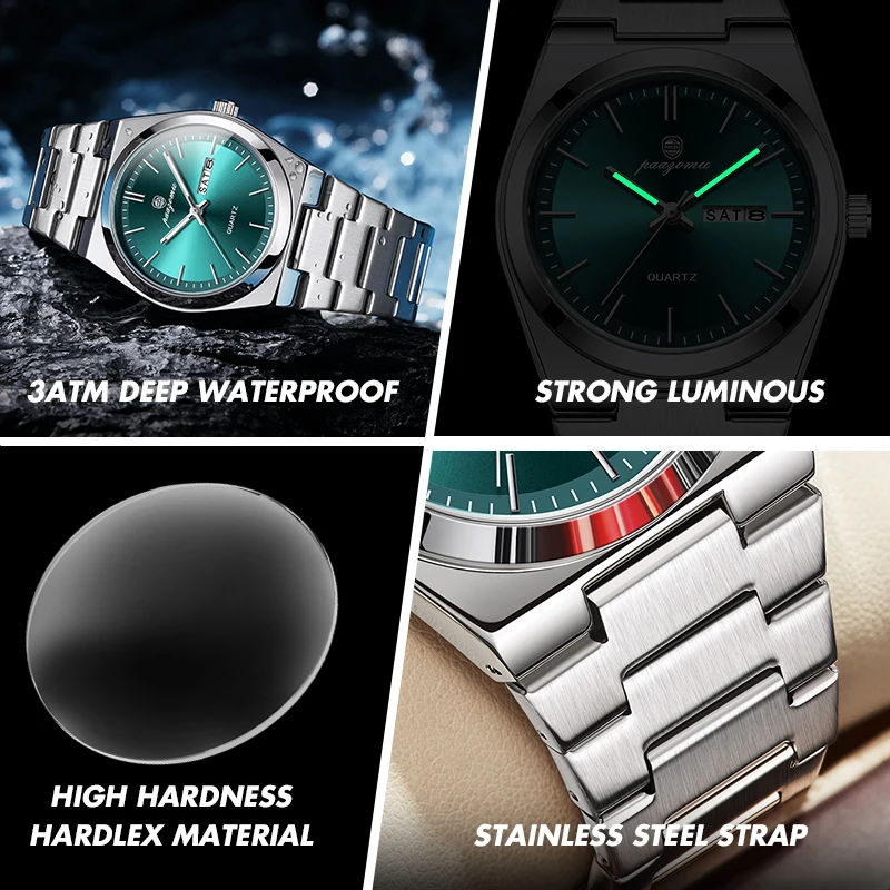 PAAZOMU Luxury Watch For Man Waterproof Luminous Date Week Stainless Steel Men Watch Casual Quartz Men's Watches Male Clock+box