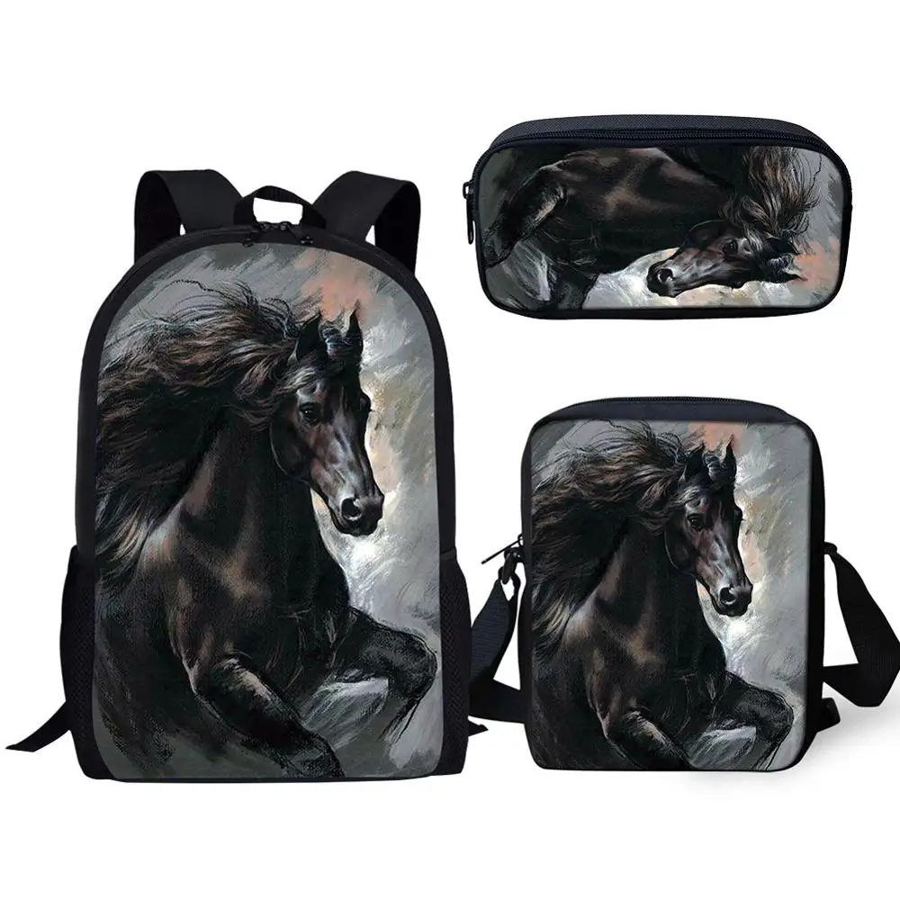 Harajuku Youthful Peculiar Friesian Horse 3D Print 3pcs/Set Student Travel bags Laptop Daypack Backpack Shoulder Bag Pencil Case