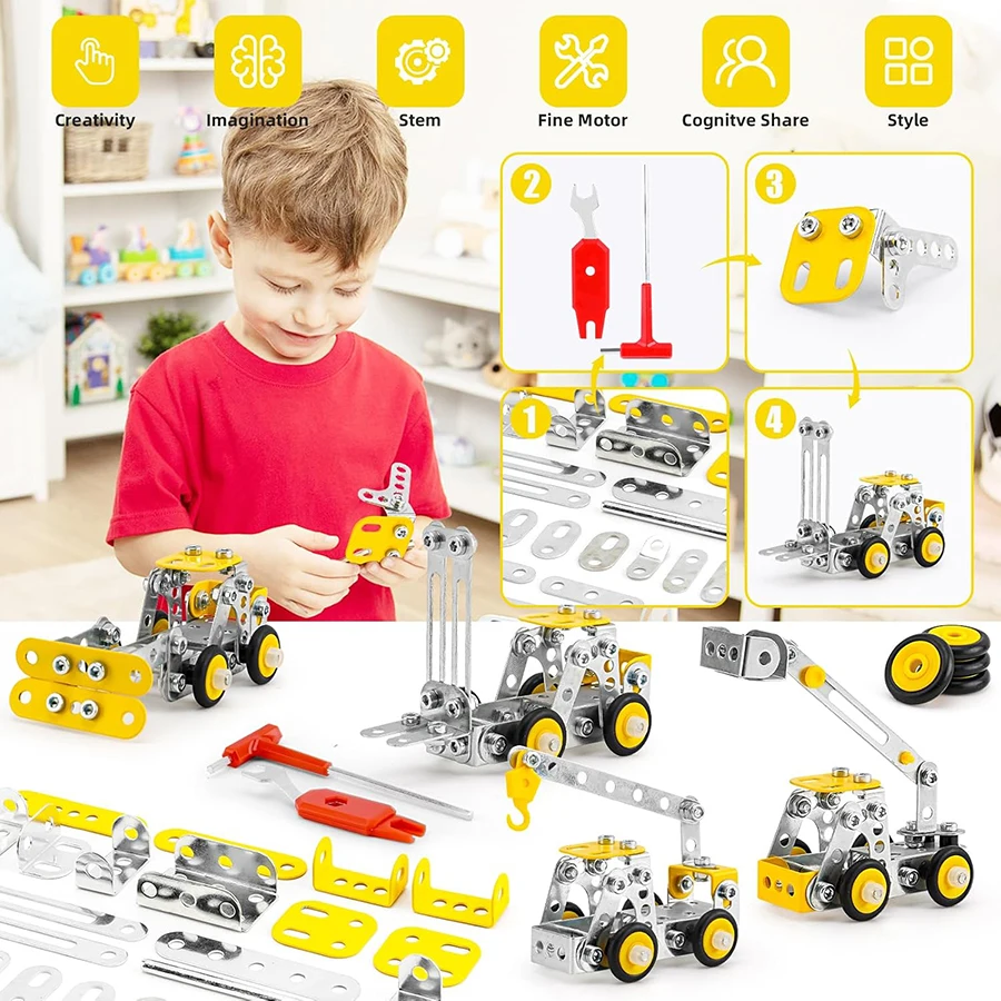 330pc 4in1 jouets de Construction véhicules d'ingénierie en métal modèle kit bloc jouets 4 modèles véhicules de Construction ensembles de Construction pour les enfants