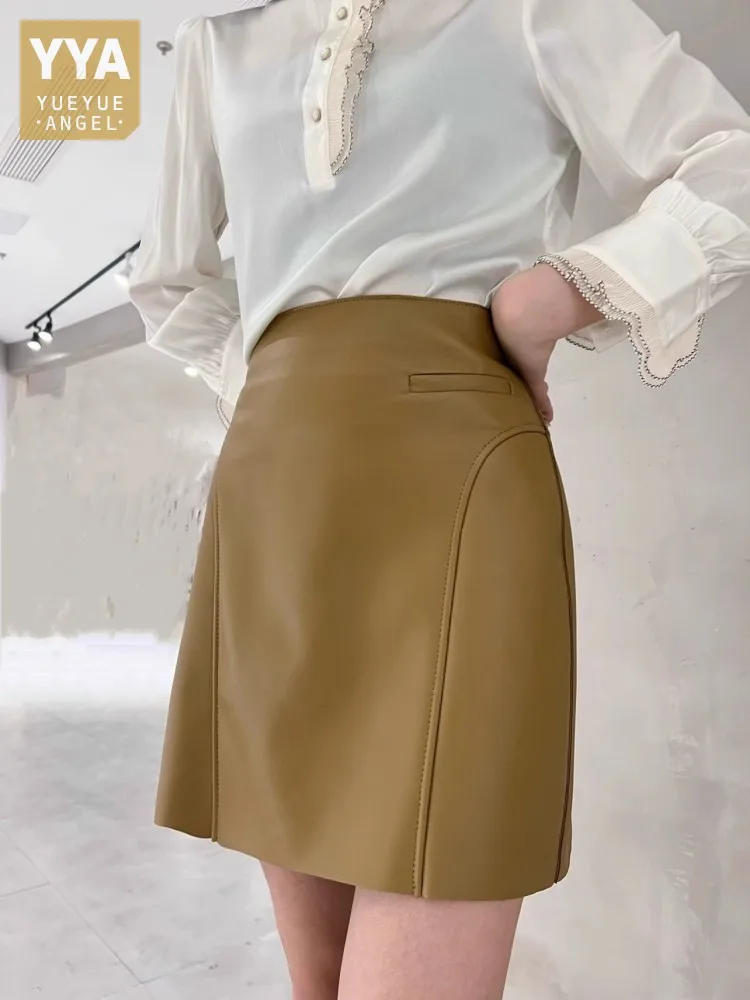 Elegant Women High Waist Slim Fit Genuine Leather Mini Skirt Office Ladies Spring Autumn A Line Soft Real Sheepskin Wrap Skirt