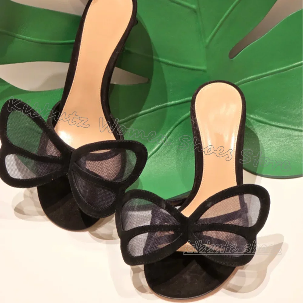 

Butterfly Mesh Slipper Sandals Round Toe Thin Heels Solid Color Slip-On Fashion Luxury Elegant Concise Sexy Women Shoes Summer