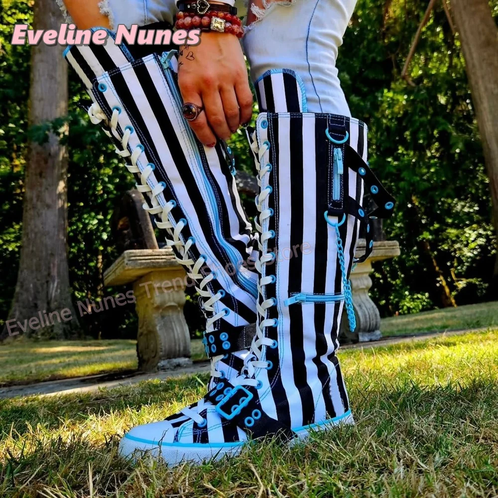 Y2K Gothic Striped Canvas Boots Chain Buckle Details Lace Up Mixed Color Side Zip Cosplay Women Knee High Boots Street Style - view 4