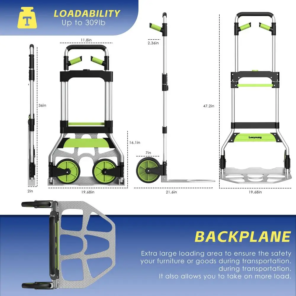 Camión de mano plegable de aluminio Dolly, mango telescópico de 309lb de capacidad, ruedas de PP EVA, cuerda elástica gratis, fácil almacenamiento, rodamiento suave