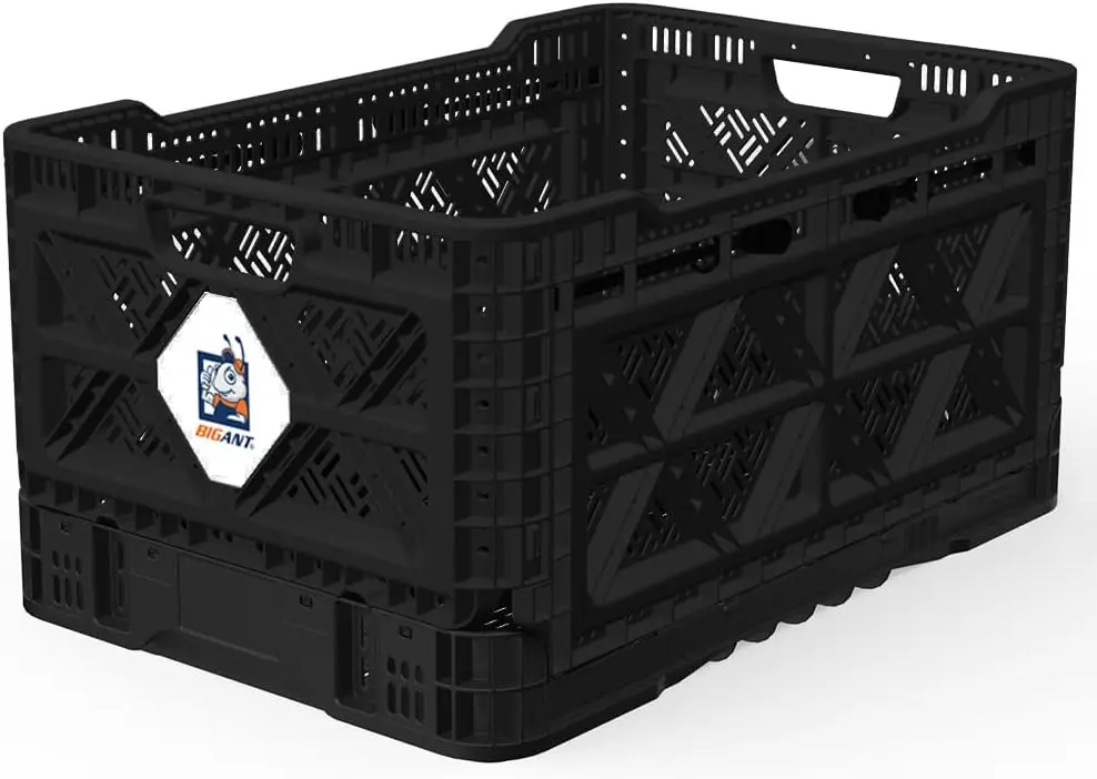 

Heavy Duty Collapsible & Stackable Plastic Milk Crate - Snap Lock Foldable Industrial Garage Storage Bin Container