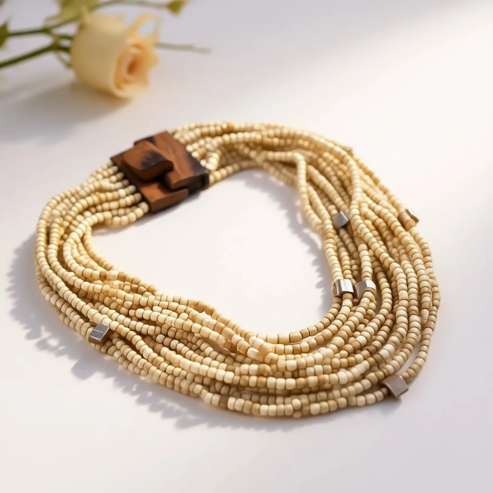 

Набор из ожерелья и браслета ручной работы из бисера, в стиле бохо, многослойный, с деревянной застежкой, 18 дюймов, на резинке, подарок для женщин