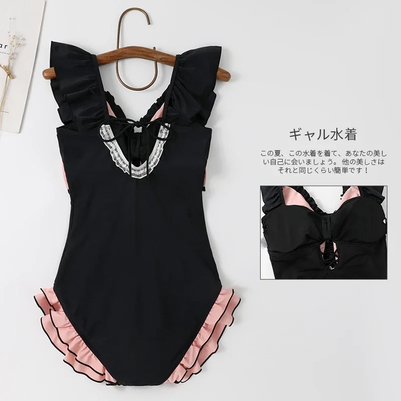 Lolita Japanese Style Swimwear for Women Sweet Cool Girl One-Piece Swimsuit Lovely Pink Bow Sexy Patchwork Swimming Suit Female