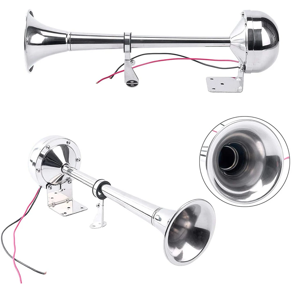 12V Single Trumpet Horn Mounting Kit Polished Stainless Steel Low Tone Car Trumpet Air Horn for Marine Boat Truck Lorry Caravan