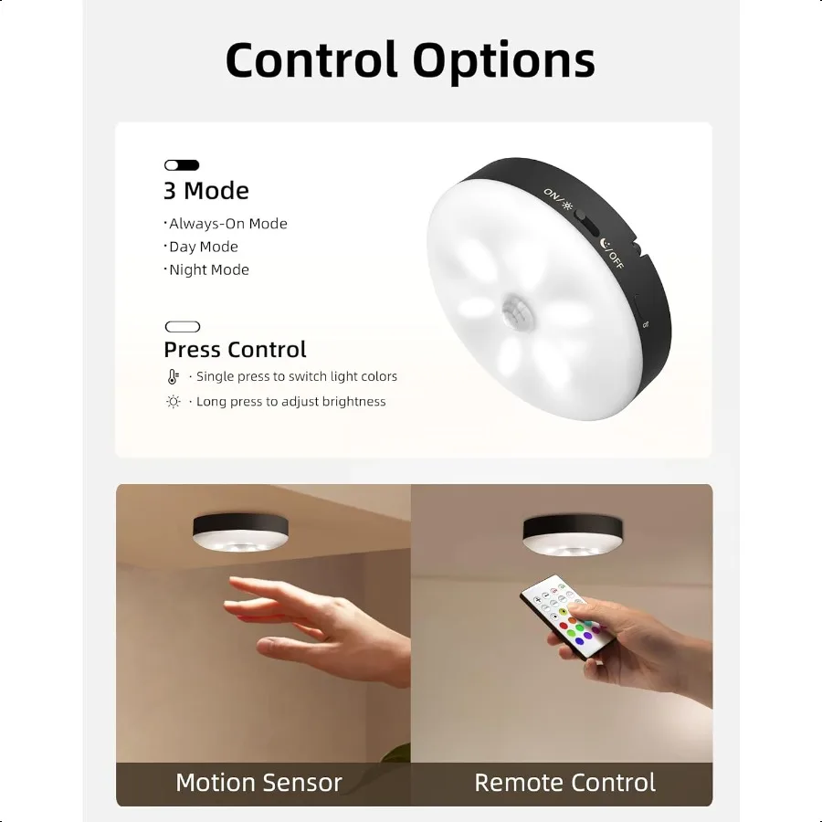 Illuminazione sotto l'armadio Luci a disco ricaricabili da 1000 mAh con telecomando 3 temperature di colore 12 Luci per armadio con sensore di movimento RGB Dimmer per interni