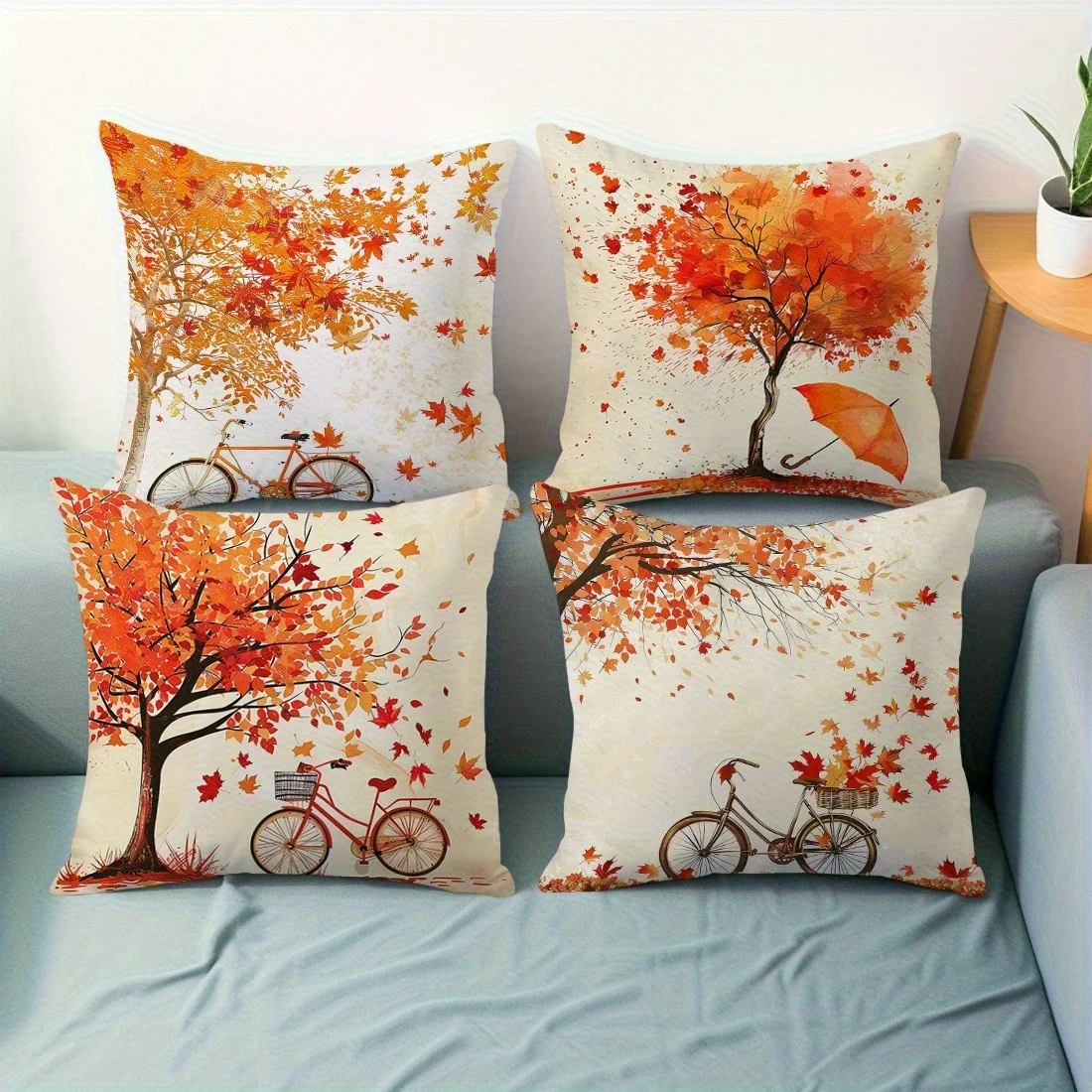 4Pcs Autumn Pillow Covers 45x45cm Double-sided Printed Maple Leaf Bicycle Cushion Cases Fall Tree Home Decor Throw Pillows No