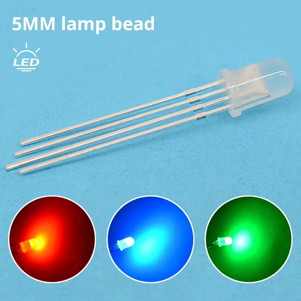 10Pcs LED Min F5 5mm Round Lamp Beads RGB Tri-Color Diffused Emitting Diodes 4pin Bulb Common Cathode Decoration Atmosphere Neon