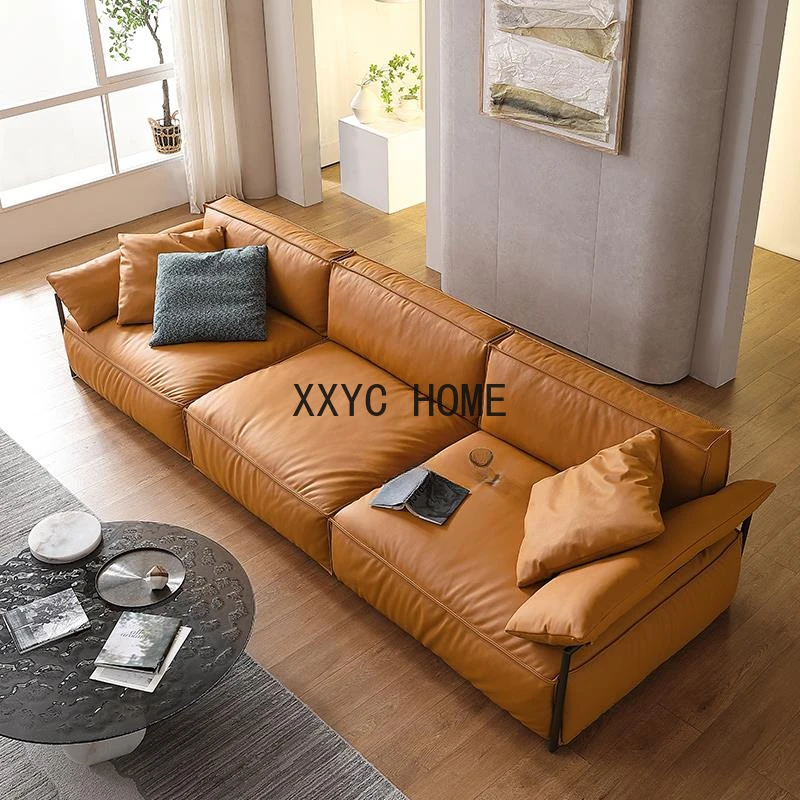 Small Apartment Genuine Leather Sofa Combination Minimalist Living Room Furniture Soft Three Seat Couch Straight Row Sofa