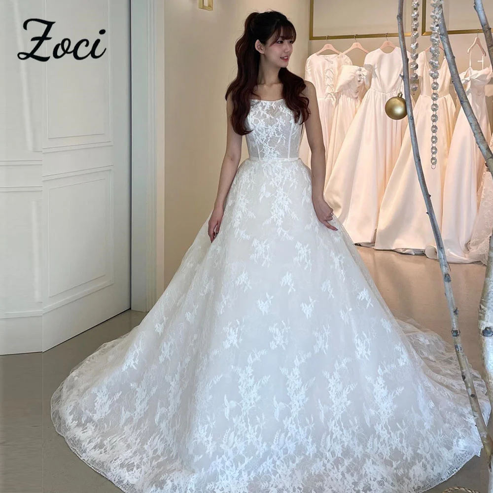 

Zoci Princess Strapless Korea Wedding Dresses Customized Photos Shoot Full Lace Ball Gown Floor Length Corset Bridal Dress