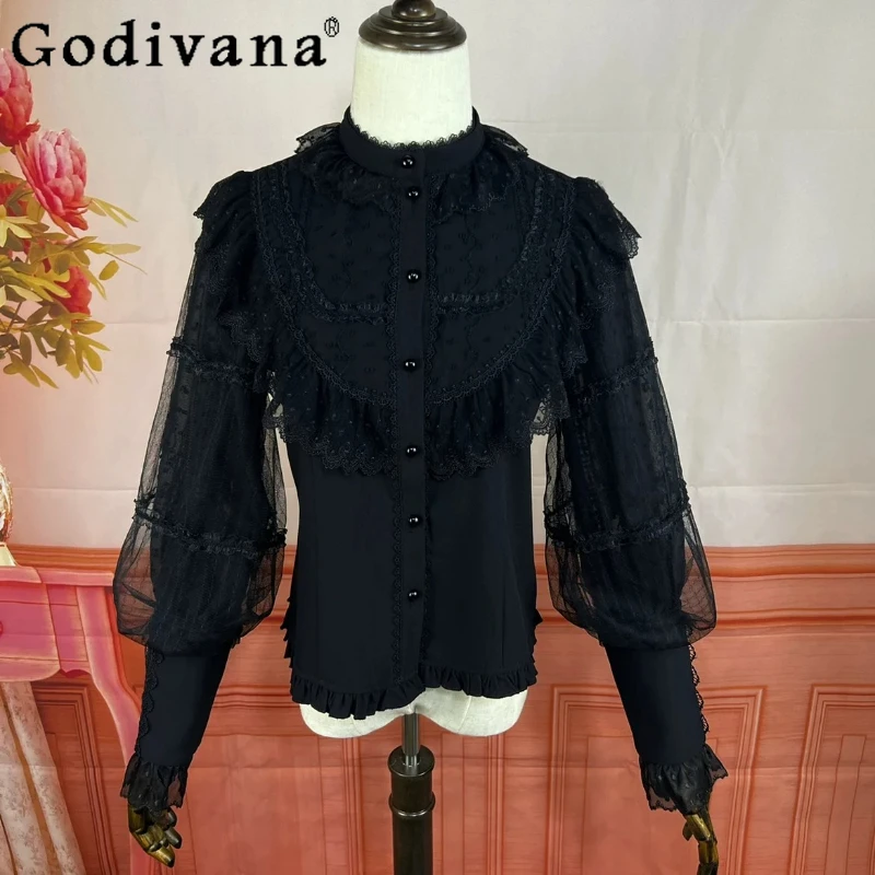 

Lolita Stand-up Collar Long Sleeve Sweet Lace Chiffon Shirt Elegant Retro Court Lantern Sleeve Versatile Age-reducing Blouse Top