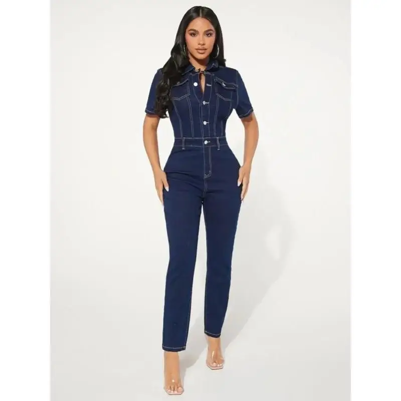 Women's Denim Jumpsuit Ultra-Low Waist Mid-Elasticity Ins-Style Wide Leg Overalls Blue Jeans One-Piece Suit Cross-Border