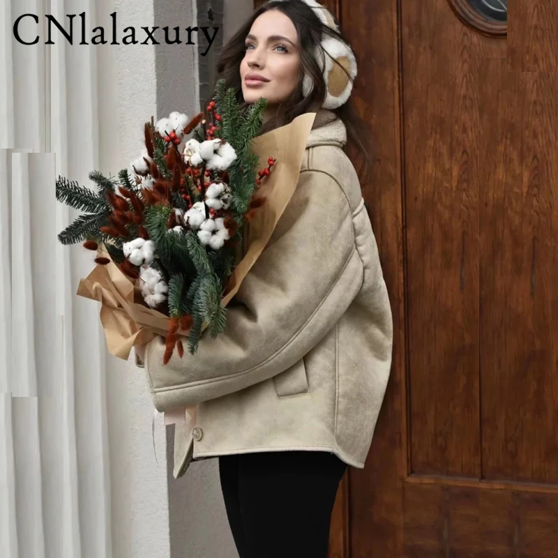 CNlalaxury Winter Frauen Lamm Wolle Dicke Jacke Vintage Faux Leder Outwear Einreiher Taschen Streetwear Warme Jacken