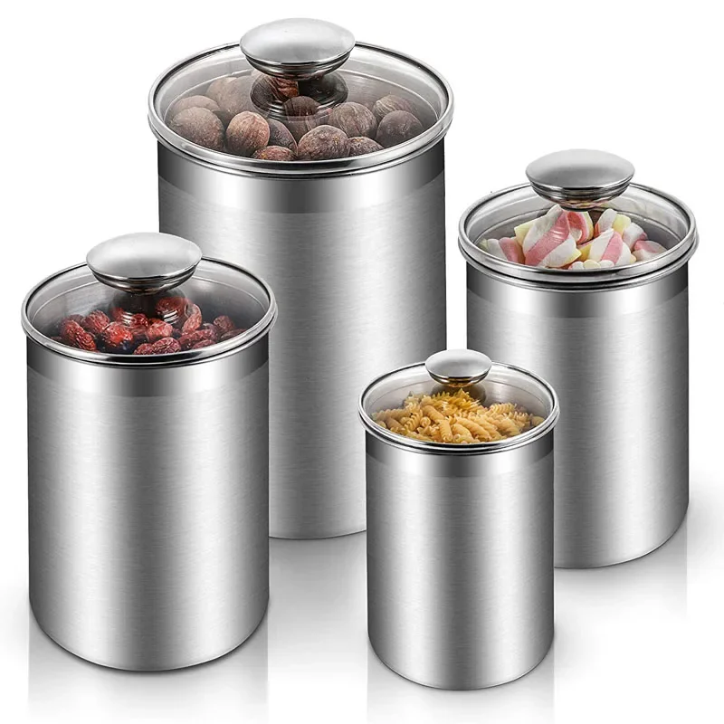 Stainless Steel Kitchen Canister Set, Stainless Steel Counter Food Storage Containers With Clear Glass Lids for Coffee