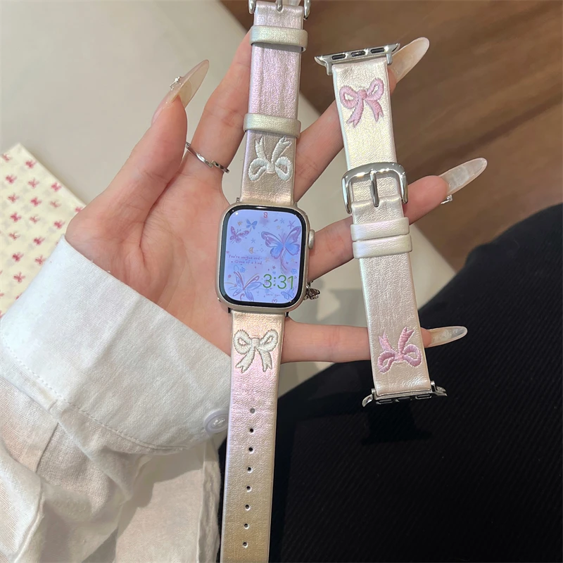 Cute Embroidered Bow Stylish Laser Leather Strap For Apple Watch 38 40 41 42 44 45 49 MM For iWatch Strap Series 9 8 7 6 5 Girls