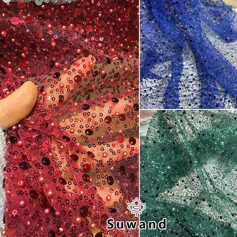 

Green Red Blue Pearl Sequin Embroidery Lace Fabric Gauze Shiny Sequins Lace Tulle Fabric Evening Wedding Dress Gowns Material