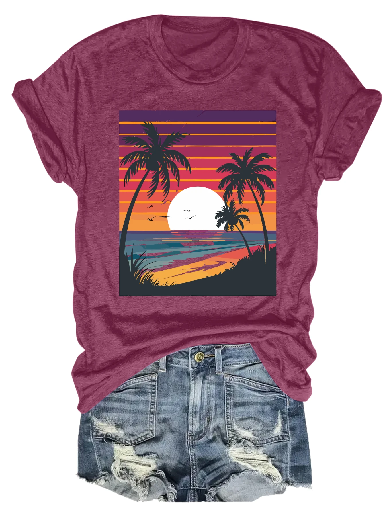 

Plus size women's short sleeve T-shirt Sunset Palm Beach Scene Design Daily comfortable versatile style summer outfit women's